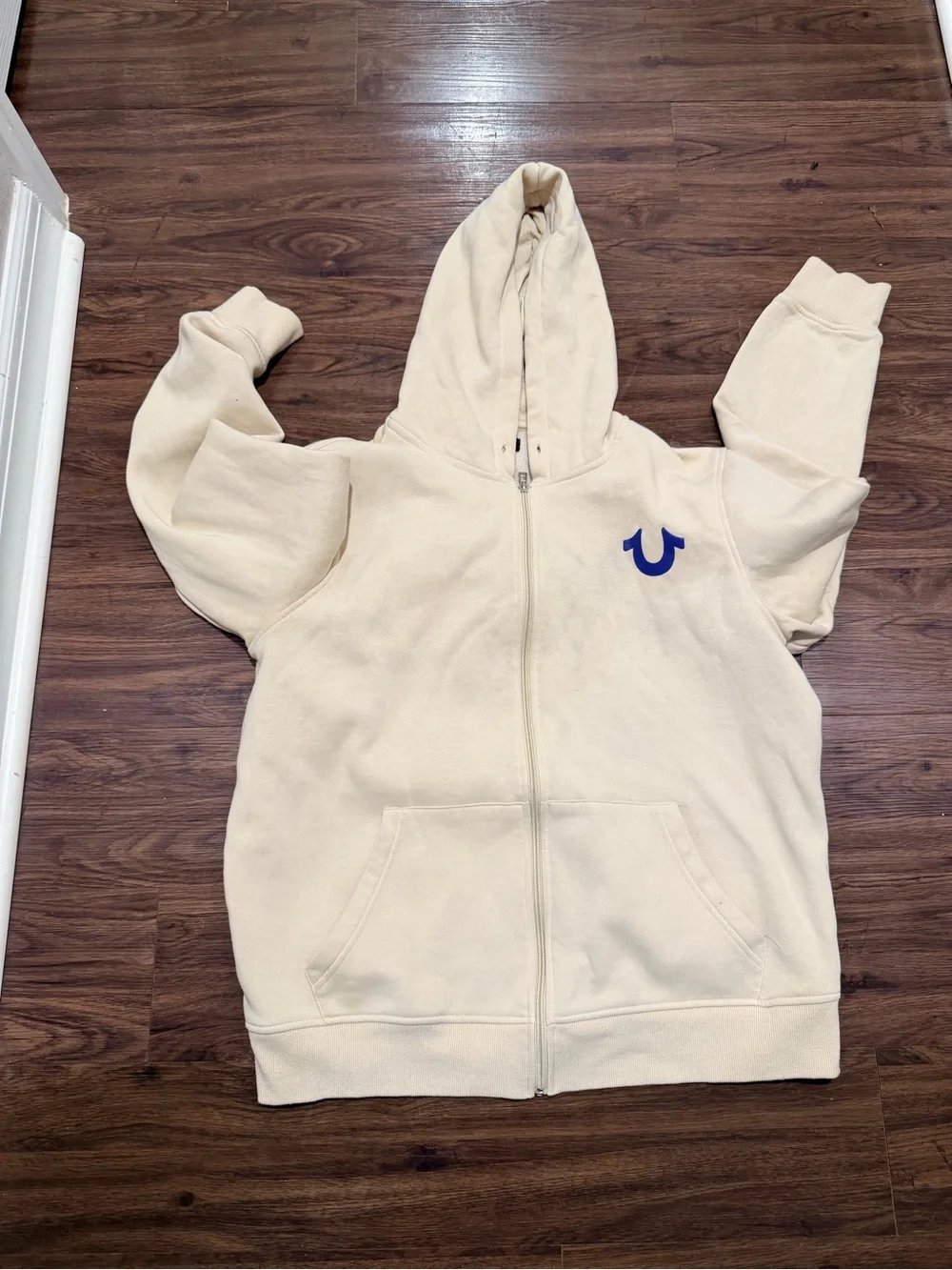 True Religion Cream Hoodie with Navy Buddha Guitar Graphic